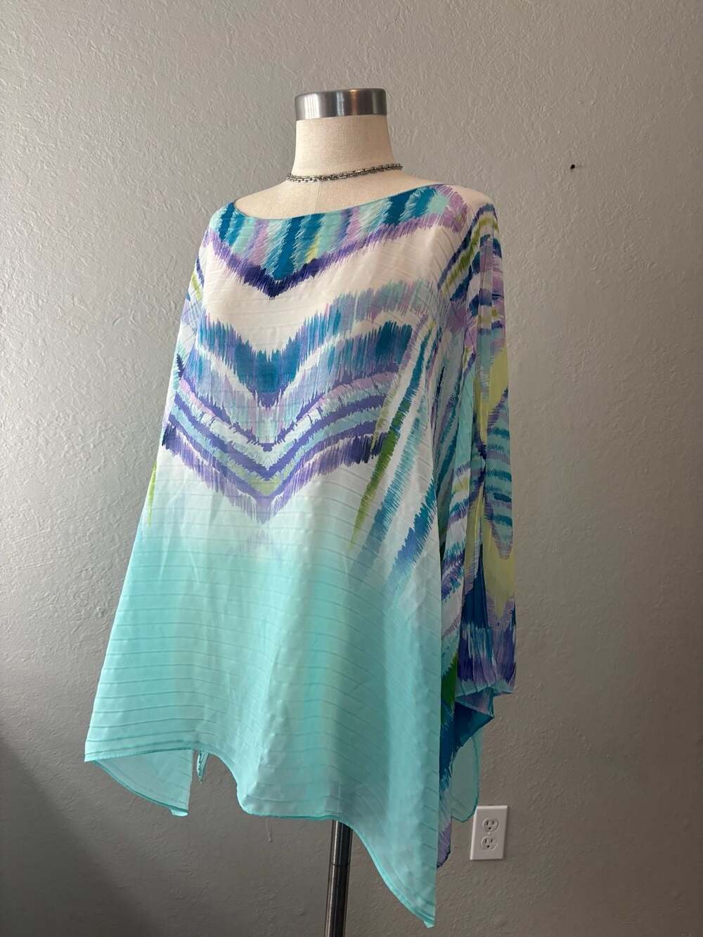 Chico's Abstract Ikat Print Pleated Chiffon Poncho Blouse - Picture 9 of 10